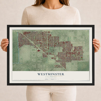 Map of Westminster, California, 12 x 18 inch print in a black wood frame