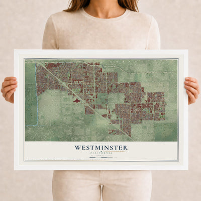 Map of Westminster, California, 12 x 18 inch print in a white wood frame