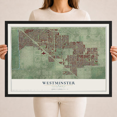 Map of Westminster, California, 18 x 24 inch print in a black wood frame