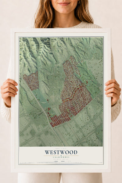 Map of Westwood, California, 18 x 24 inch print in a white wood frame