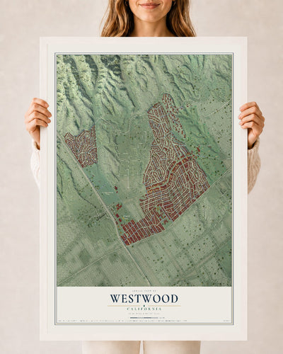 Map of Westwood, California, 24 x 36 inch print in a white wood frame