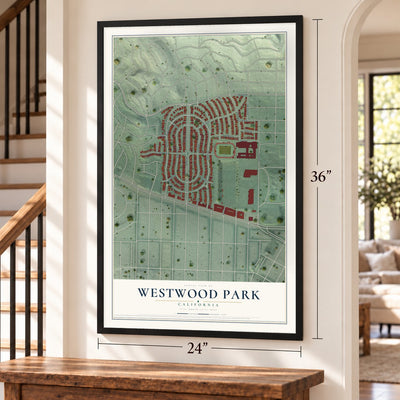 Westwood Park, California map, 24 x 36 inch print in a black frame by a staircase