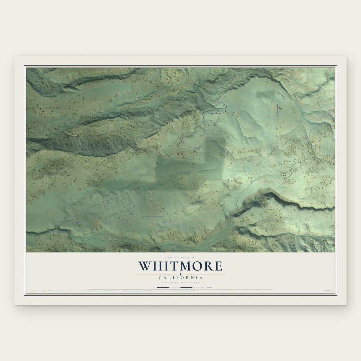 Whitmore, California map print, the full design