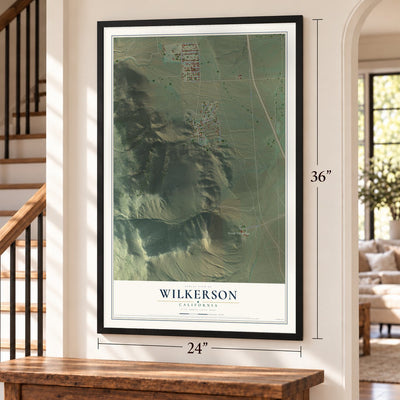 Wilkerson, California map, 24 x 36 inch print in a black frame by a staircase