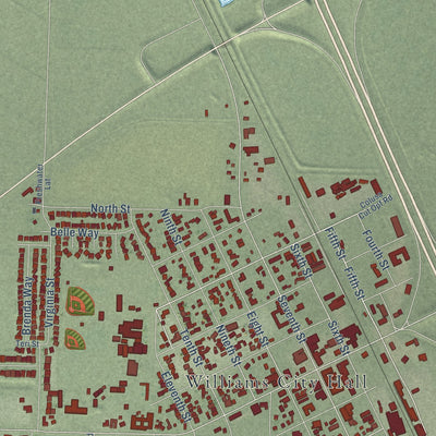 Close-up of the map of Williams, California print showing street and building detail