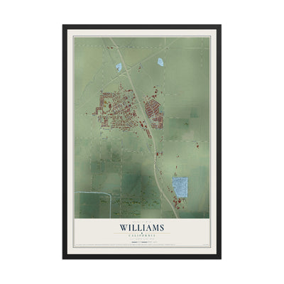 Map of Williams, California, 12 x 18 inch print in a black wood frame