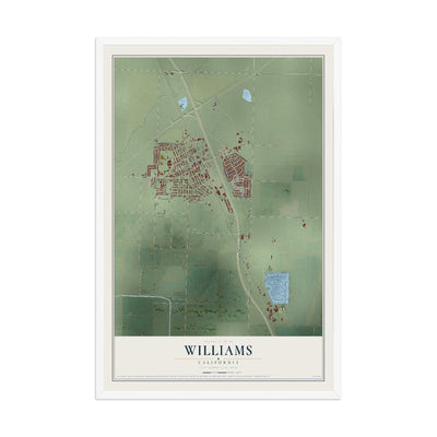 Map of Williams, California, 12 x 18 inch print in a white wood frame