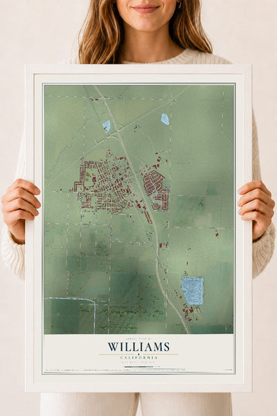 Map of Williams, California, 18 x 24 inch print in a white wood frame
