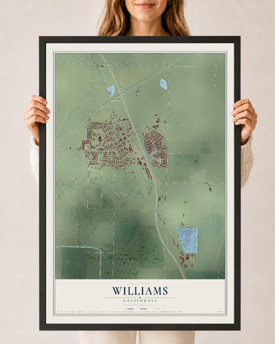 Map of Williams, California, 24 x 36 inch print in a black wood frame