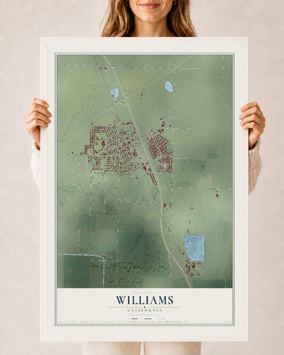 Map of Williams, California, 24 x 36 inch print in a white wood frame
