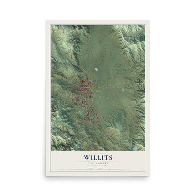 Map of Willits, California, 12 x 18 inch unframed archival matte print