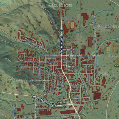 Close-up of the map of Willits, California print showing street and building detail
