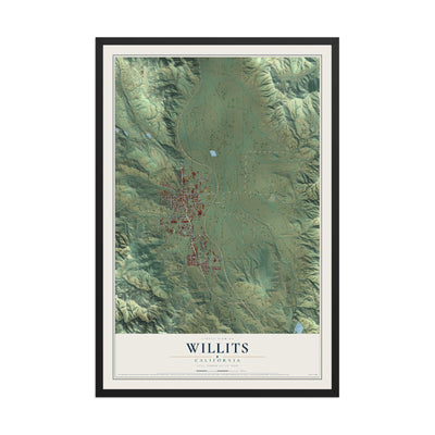 Map of Willits, California, 12 x 18 inch print in a black wood frame