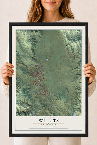 Map of Willits, California, 18 x 24 inch print in a black wood frame