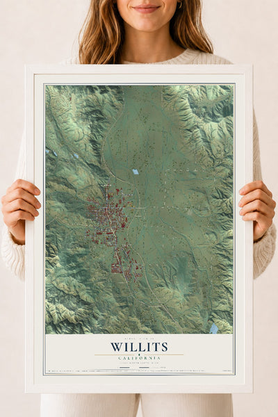 Map of Willits, California, 18 x 24 inch print in a white wood frame