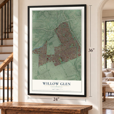 Willow Glen, California map, 24 x 36 inch print in a black frame by a staircase