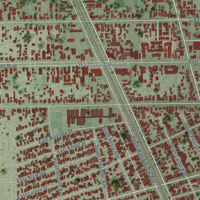 Close-up of the map of Willowbrook, California print showing street and building detail