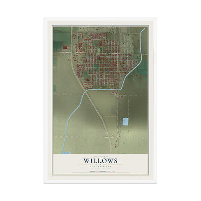 Map of Willows, California, 12 x 18 inch print in a white wood frame