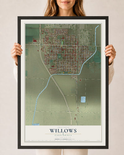 Map of Willows, California, 24 x 36 inch print in a black wood frame