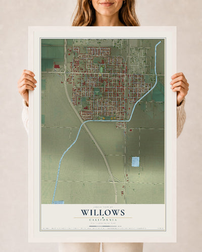 Map of Willows, California, 24 x 36 inch print in a white wood frame