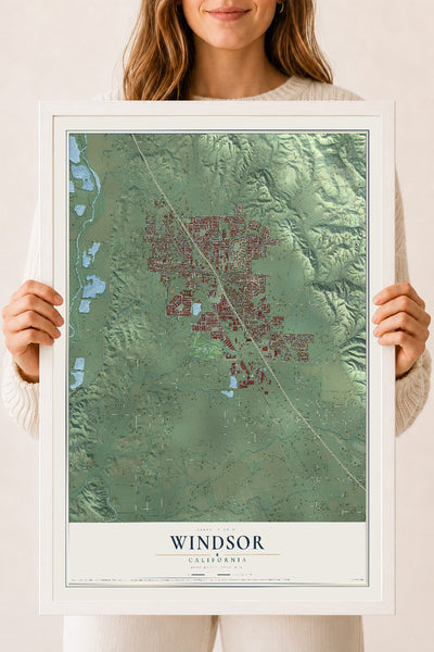 Map of Windsor, California, 18 x 24 inch print in a white wood frame