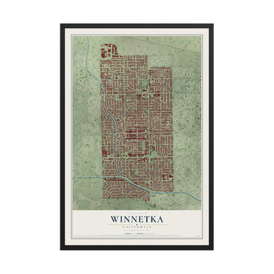 Map of Winnetka, California, 12 x 18 inch print in a black wood frame
