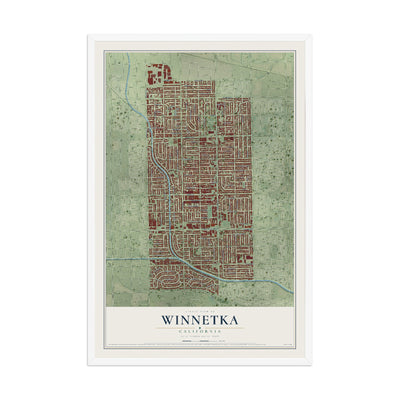 Map of Winnetka, California, 12 x 18 inch print in a white wood frame