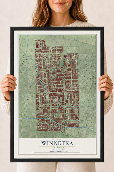 Map of Winnetka, California, 18 x 24 inch print in a black wood frame