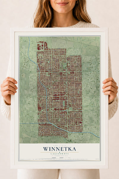 Map of Winnetka, California, 18 x 24 inch print in a white wood frame
