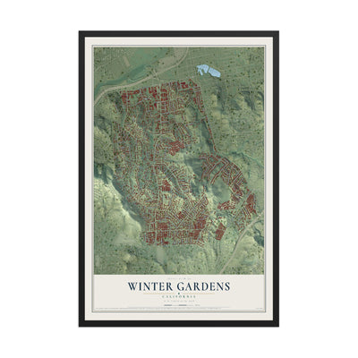 Map of Winter Gardens, California, 12 x 18 inch print in a black wood frame