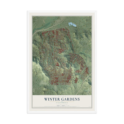 Map of Winter Gardens, California, 12 x 18 inch print in a white wood frame