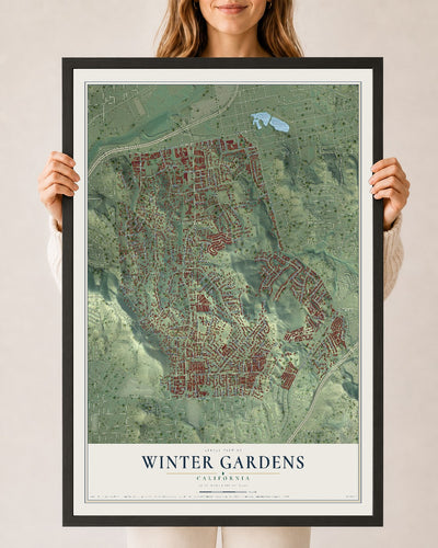 Map of Winter Gardens, California, 24 x 36 inch print in a black wood frame