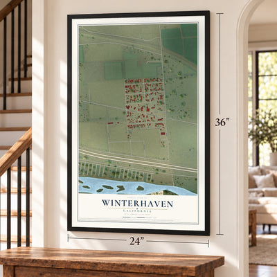 Winterhaven, California map, 24 x 36 inch print in a black frame by a staircase