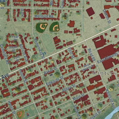 Close-up of the map of Winters, California print showing street and building detail