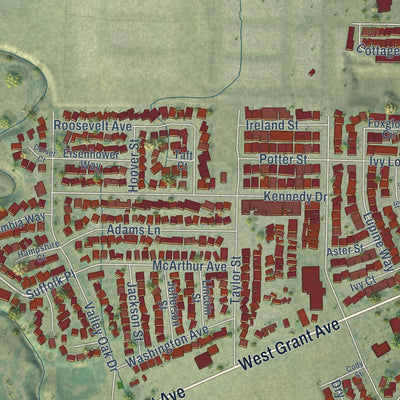 Second close-up of the map of Winters, California print showing more streets and buildings