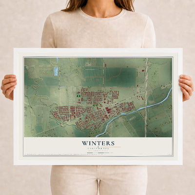 Map of Winters, California, 12 x 18 inch print in a white wood frame