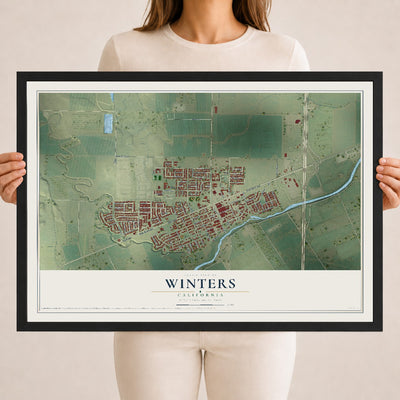 Map of Winters, California, 18 x 24 inch print in a black wood frame