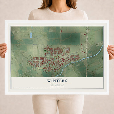 Map of Winters, California, 18 x 24 inch print in a white wood frame
