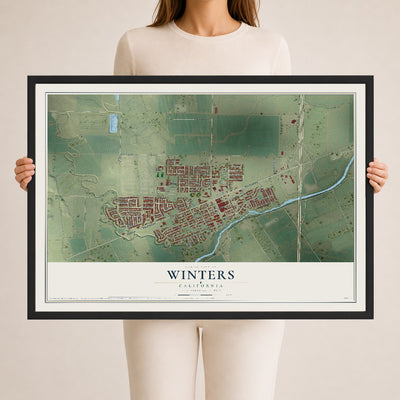 Map of Winters, California, 24 x 36 inch print in a black wood frame