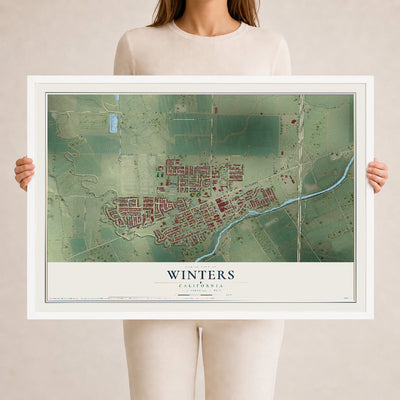 Map of Winters, California, 24 x 36 inch print in a white wood frame