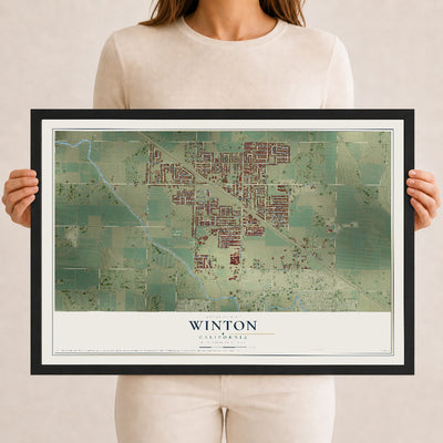 Map of Winton, California, 12 x 18 inch print in a black wood frame