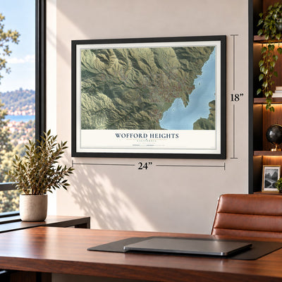 Wofford Heights, California map, 18 x 24 inch print in a black frame in a home office