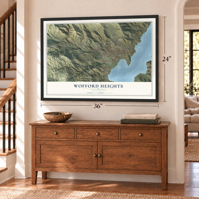 Wofford Heights, California map, 24 x 36 inch print in a black frame above a dresser by a staircase