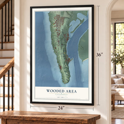 Wooded Area, California map, 24 x 36 inch print in a black frame by a staircase