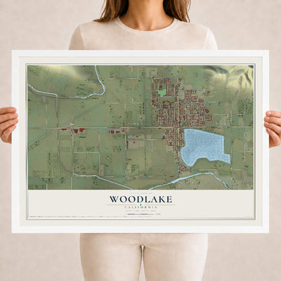 Map of Woodlake, California, 18 x 24 inch print in a white wood frame