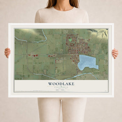 Map of Woodlake, California, 24 x 36 inch print in a white wood frame