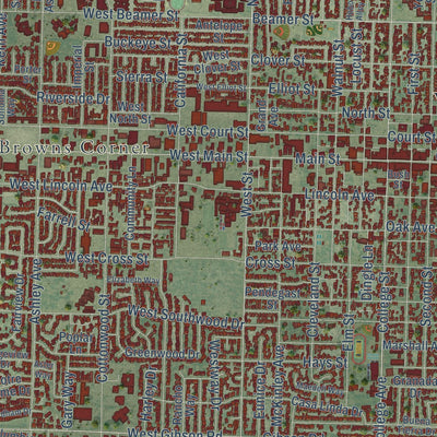 Close-up of the map of Woodland, California print showing street and building detail