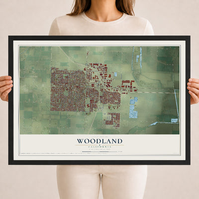 Map of Woodland, California, 18 x 24 inch print in a black wood frame