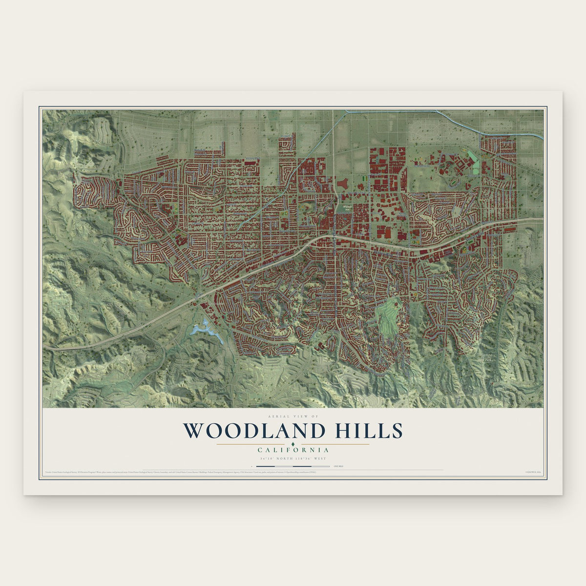 Woodland Hills, California map print, the full design