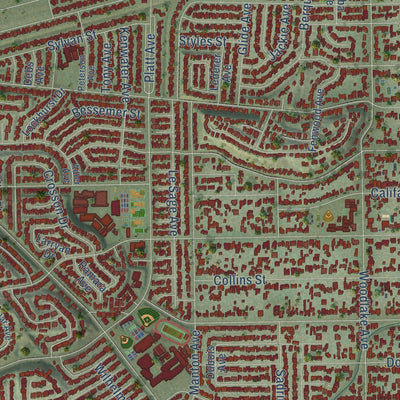 Close-up of the map of Woodland Hills, California print showing street and building detail